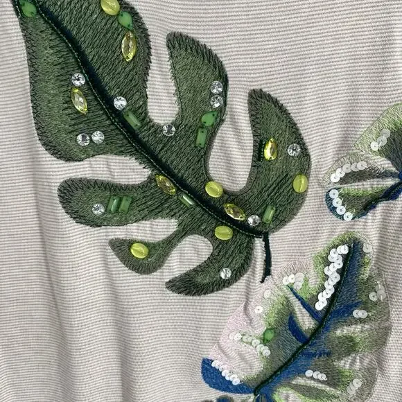 Chico’s Top Women’s Medium Tropical Palm Leaf Beaded Sequins Coastal Resortwear - Picture 4 of 8